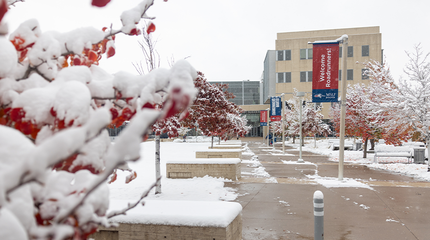 Snow-covered walkway on the MSU Denver campus with buildings and trees in the background.