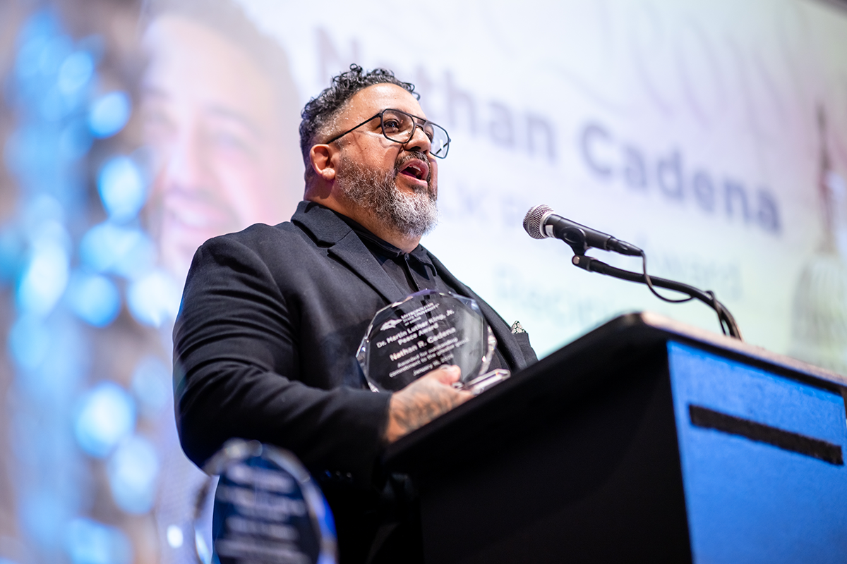 Highlights from the MLK Peace Breakfast, including speakers on stage and attendees participating in the event