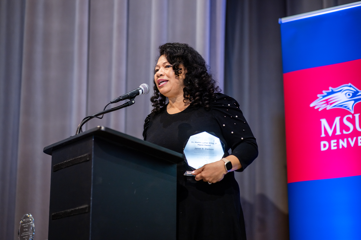 Highlights from the MLK Peace Breakfast, including speakers on stage and attendees participating in the event