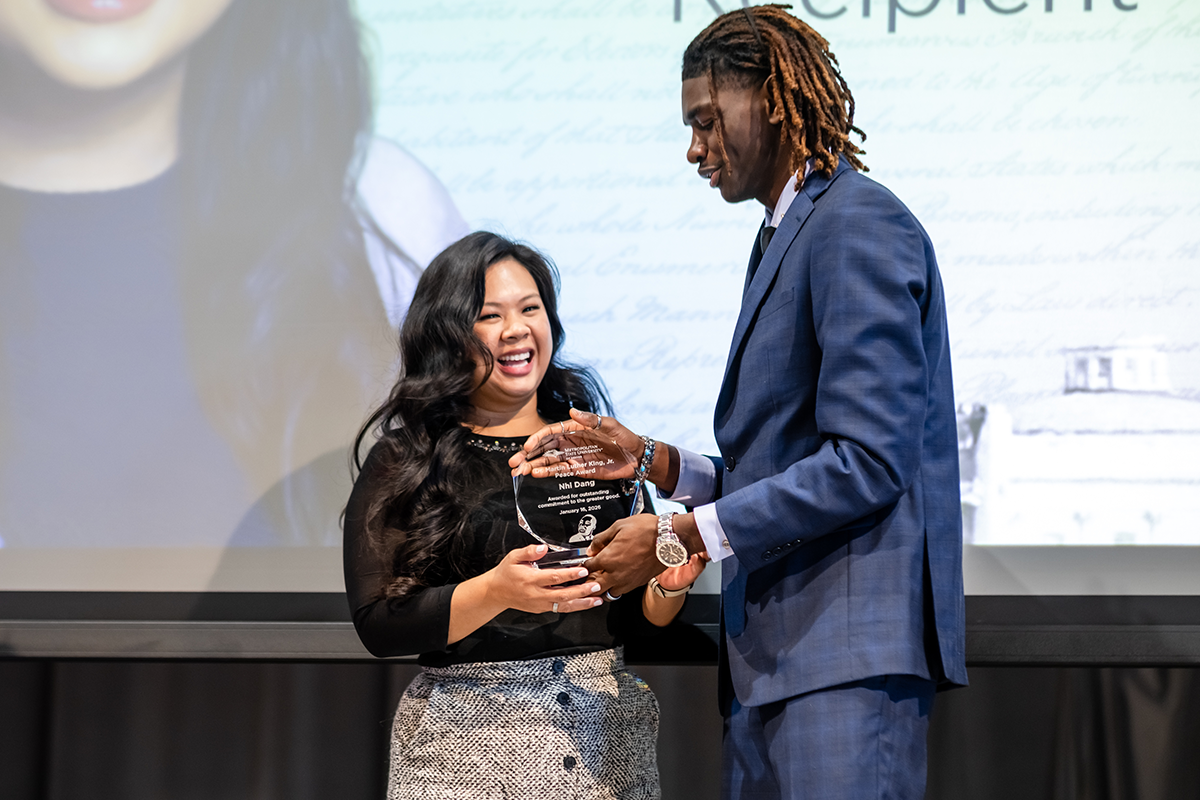 Highlights from the MLK Peace Breakfast, including speakers on stage and attendees participating in the event