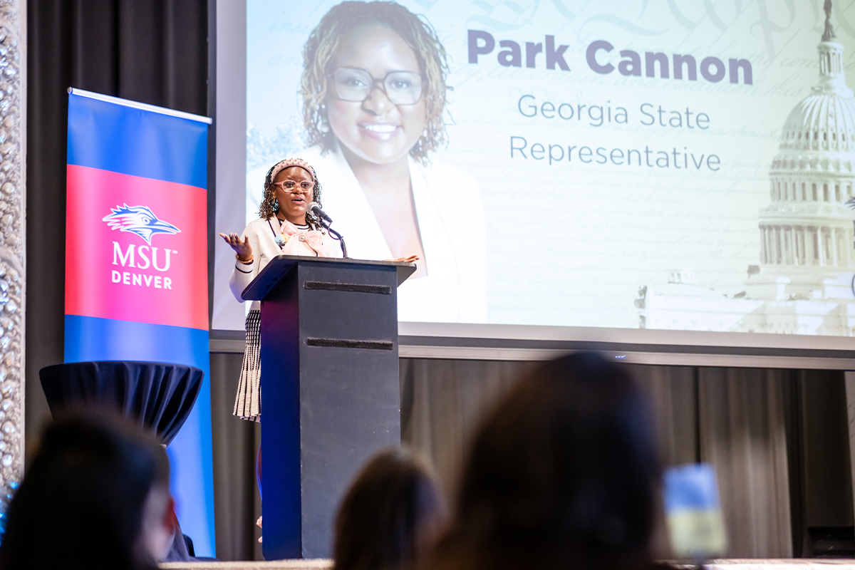 Highlights from the MLK Peace Breakfast, including speakers on stage and attendees participating in the event