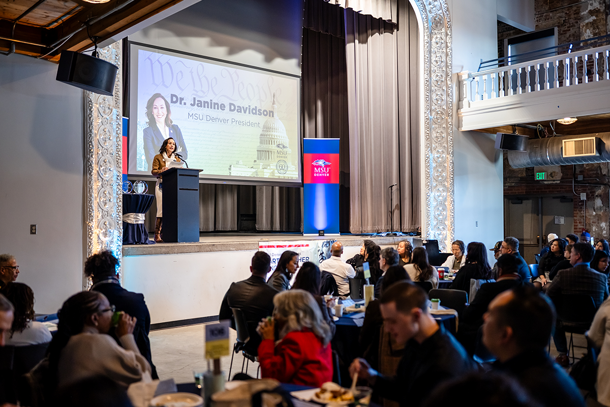Highlights from the MLK Peace Breakfast, including speakers on stage and attendees participating in the event