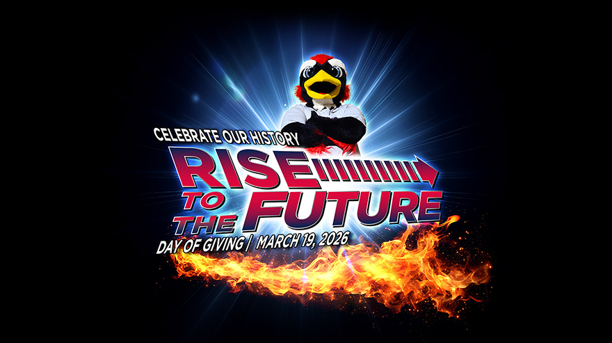 MSU Denver Roadrunner mascot graphic promoting Day of Giving 2026 with the text “Rise to the Future,” surrounded by glowing light effects and flames on a dark background.