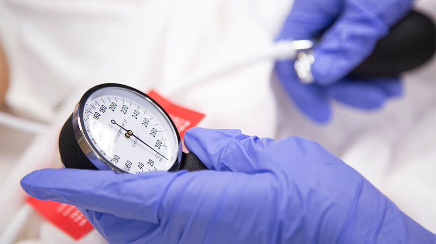 Close-up of a healthcare professional wearing blue gloves holding a blood pressure gauge during a wellness check.