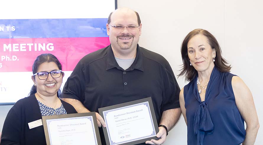 President Janine Davidson, Ph.D., with Roadrunner Shoutout Award Faculty winners Ranjidha Rajan, Ph.D., and Daniel Pittman, Ph.D.