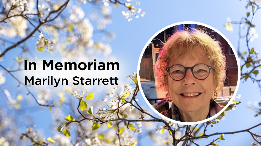 Memorial graphic reading “In Memoriam Marilyn Starrett” with a circular portrait of Marilyn Starrett smiling, set against a background of blooming tree branches and blue sky.