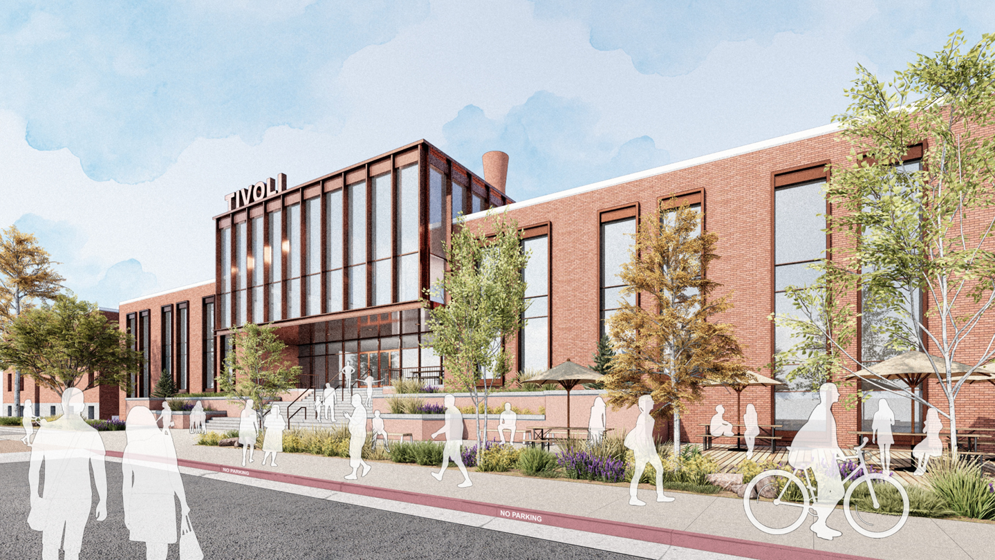 A conceptual rendering of the future Tivoli Student Union at the Ninth Street entry shows a brick exterior with modernized window structures and shadow images of outlines of people.
