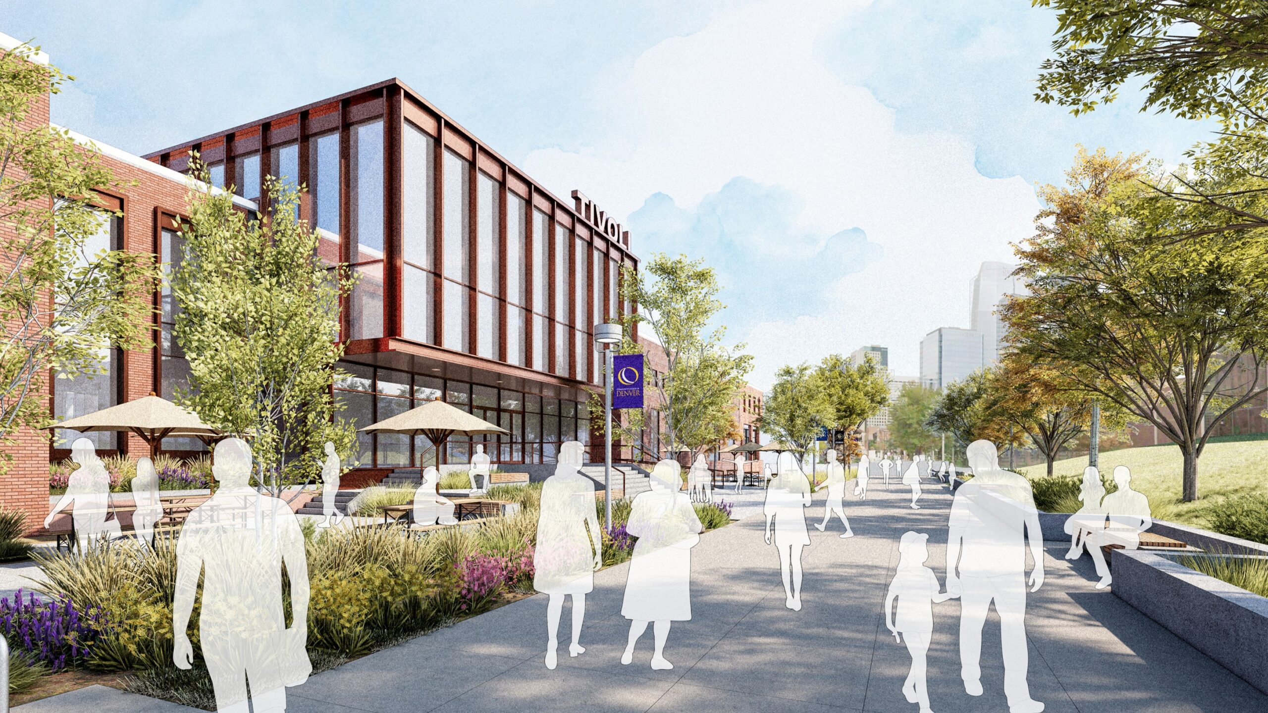 A conceptual rendering of the future Tivoli Student Union at the Larimer Street entry shows a brick exterior with modernized window structures, a courtyard with tables and tents, and shadow images of outlines of people.