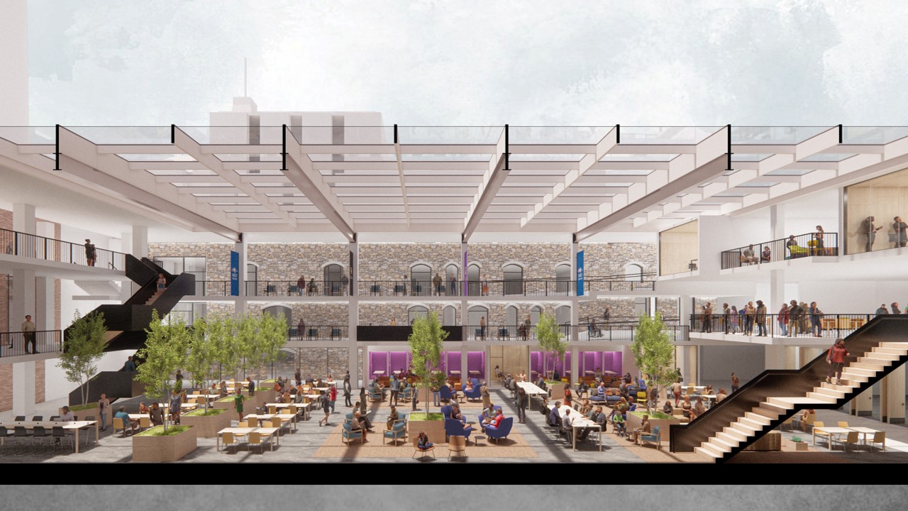 A conceptual rendering shows a bright room with balconies overlooking on the second and third floor overlooking tables, plants and illustrations of people.