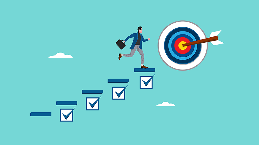 Graphic of a person carrying a suitcase climbing a set of steps that appear above checked boxes toward a target with an arrow in the center.