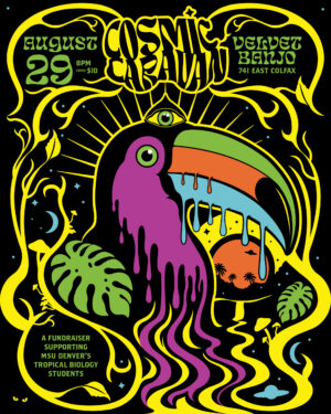 Promotional poster shows a toucan and details of the Cosmic Caravan show at the Velvet Banjo on Saturday, Aug. 29 at 8 p.m.