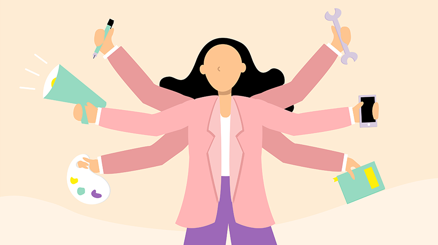 A graphic shows an animation of a woman with six arms holding a paint palette, bullhorn, pen, wrench, phone and notebook.