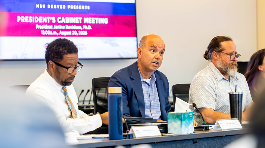 Jim Carpenter (middle), interim president and CFO, leads the August President's Cabinet meeting on Aug. 20 alongside Chief of Staff Edward Brown (left) and Provost Matt Makley, Ph.D.