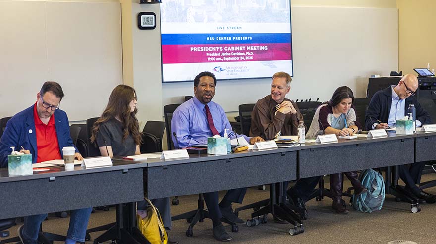 Chief of Staff Edward Brown, Jr., and Associate Vice President of Curriculum, Academic Effectiveness & Policy Development, Shaun Shafer, lead the President's Cabinet meeting on Thursday, Sept. 24, 2026
