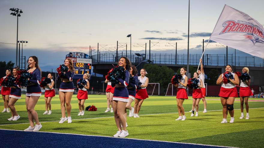 The MSU Denver cheer team performs during the women's soccer game