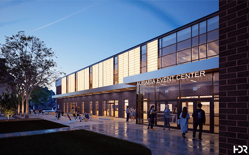 Exterior rendering shows a building with "Auraria Event Center" suspended over the awning
