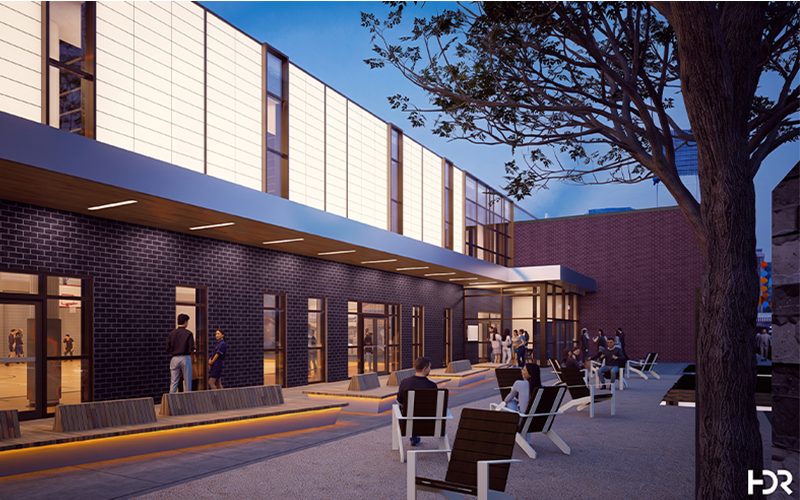A rendering shows the renovated exterior of the Auraria Event Center with modernized lighting and chairs