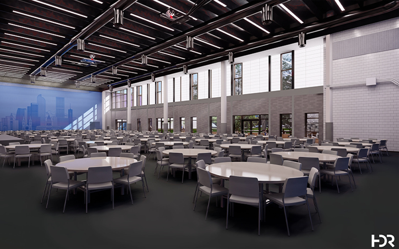 A rendering shows dozens of tables and chairs in a large, tall room