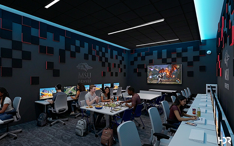 A rendering shows people using computers in a dark lab room with white and blue lights