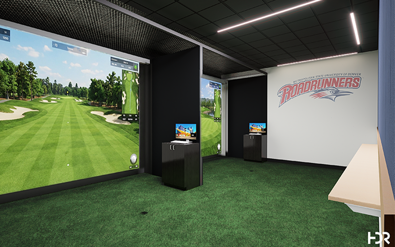 A rendering of a golf simulator room shows large screens, turf on the ground and a wall with the Roadrunners logo