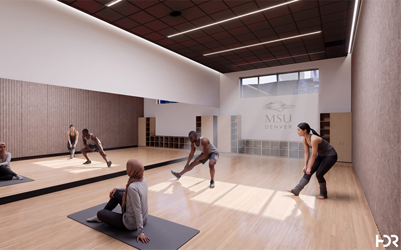 A rendering shows people stretching in a yoga studio room with a large mirror and light shining through a window