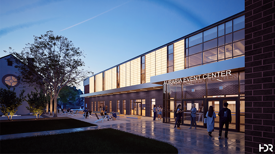 Exterior rendering shows a building with "Auraria Event Center" suspended over the awning